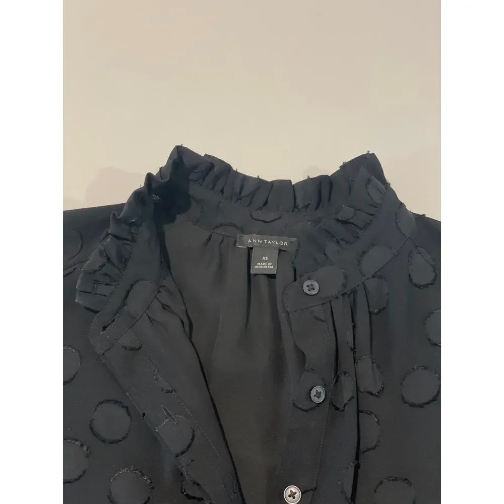 Ann Taylor Black Ruffle Neck Sleeveless Top with Polka Dot Inlay - Picture 2 of 7